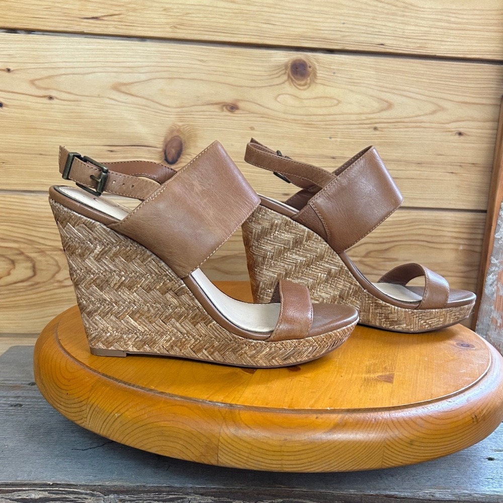 Jessica Simpson Janie Tan Leather Woven Wedge Sandals Mens 8M 38 JS-JANIE
